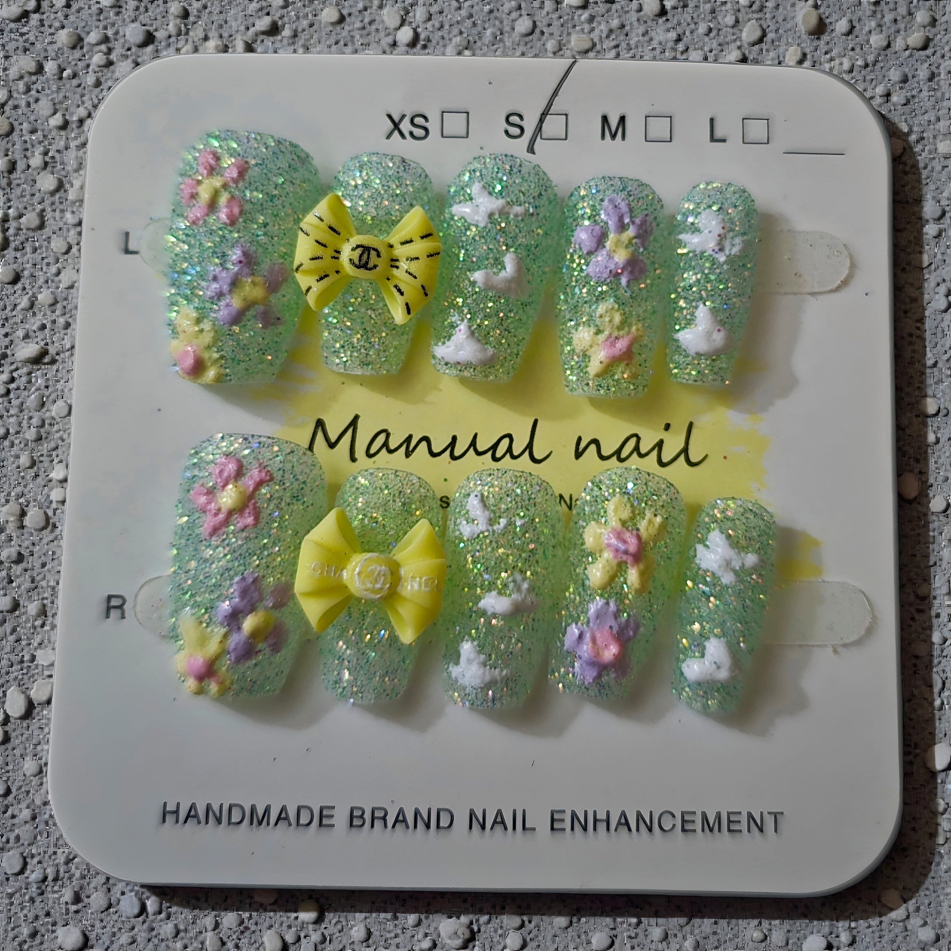 Mint Green Glitter Bow & Coffin Sugar Nails with Flowers - Press On Nails