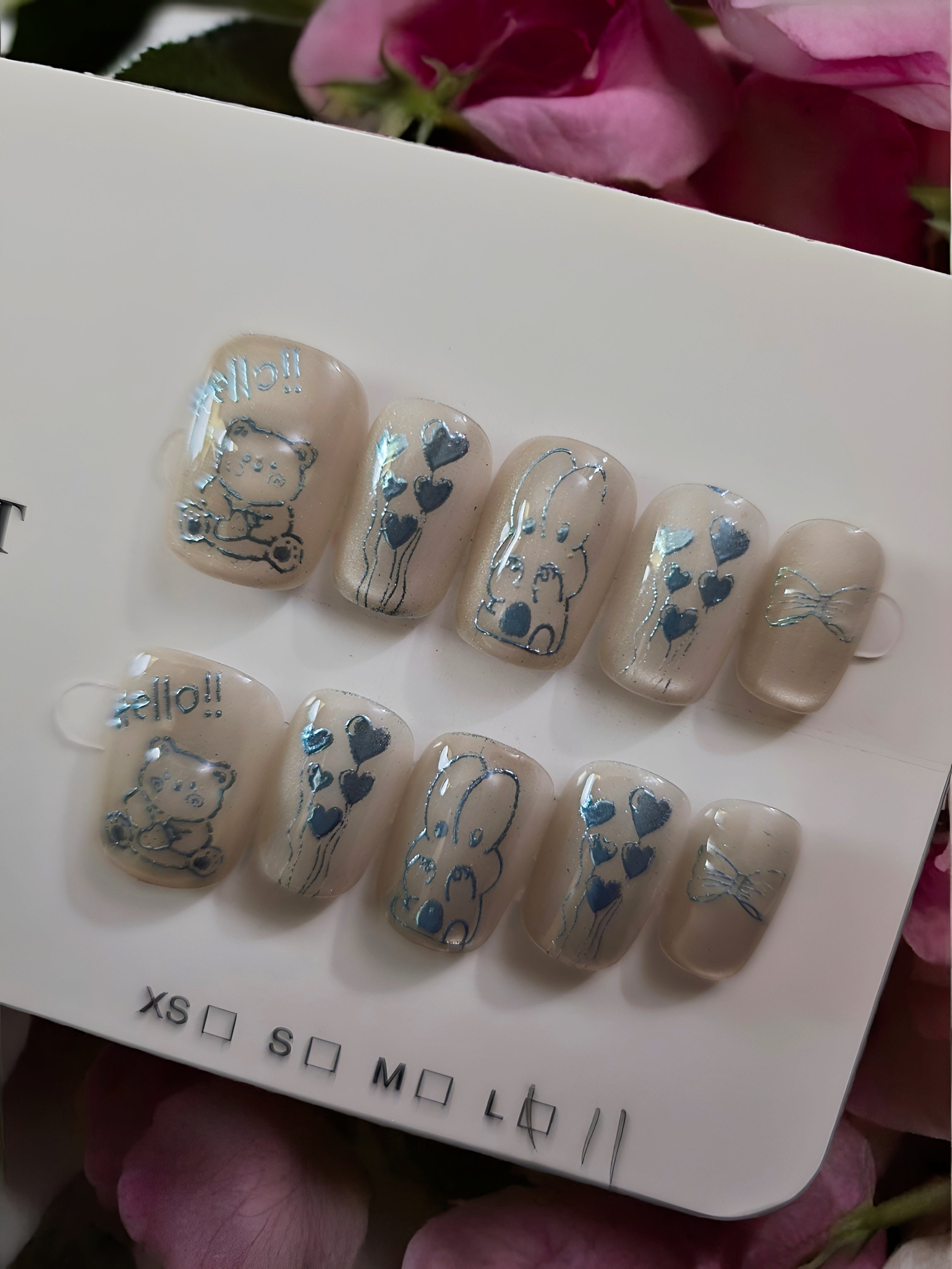 Square Nude with Teddy Bear & Bunny - Press On Nails