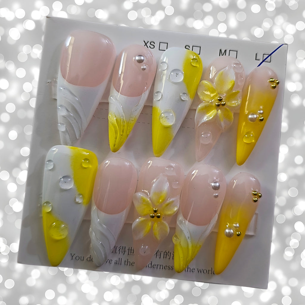 Stiletto Yellow Pink Ombre with Daisies - Press On Nails
