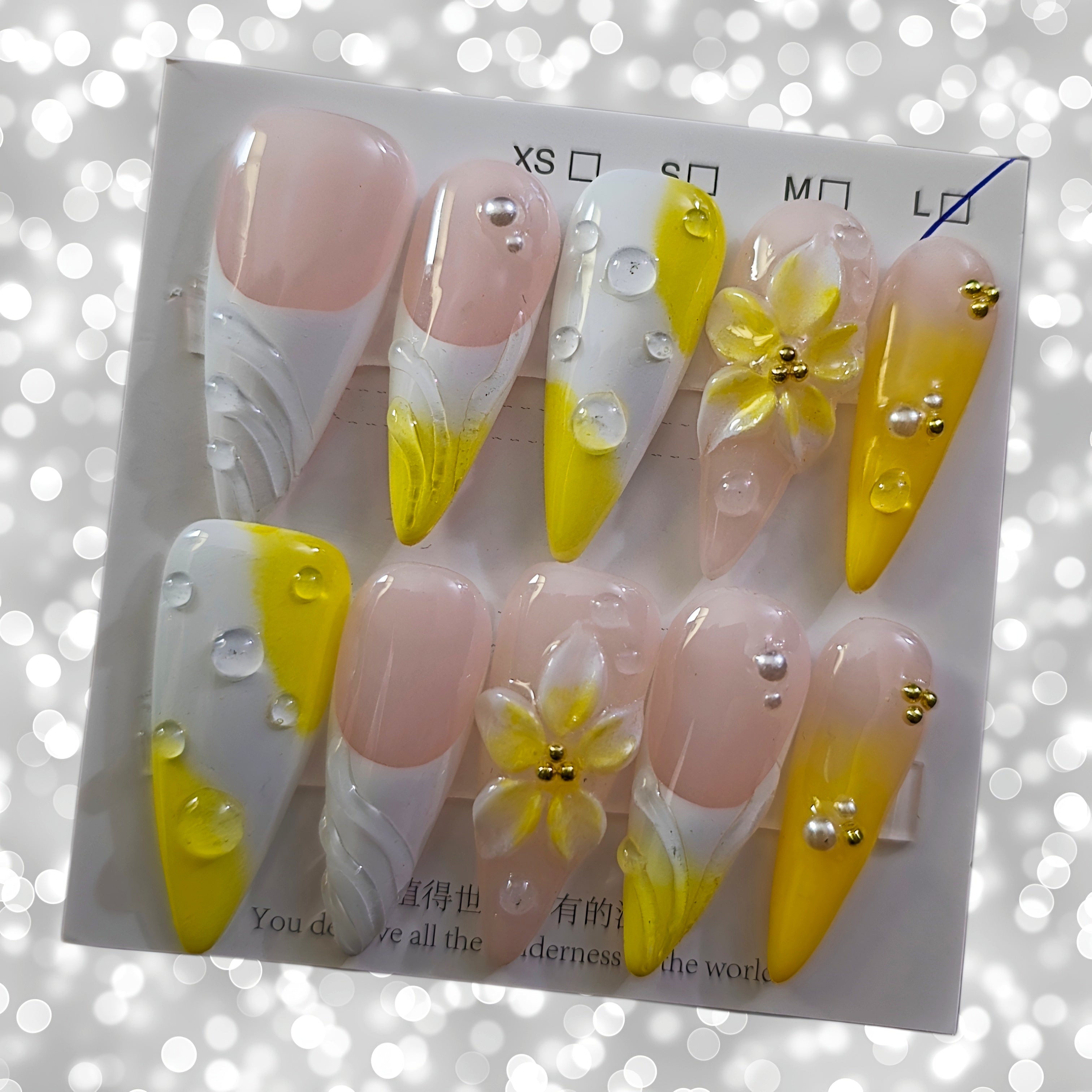 Stiletto Yellow Pink Ombre with Daisies - Press On Nails