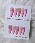 Pink Nude Ombre 3D Flower Rhinestone Nails