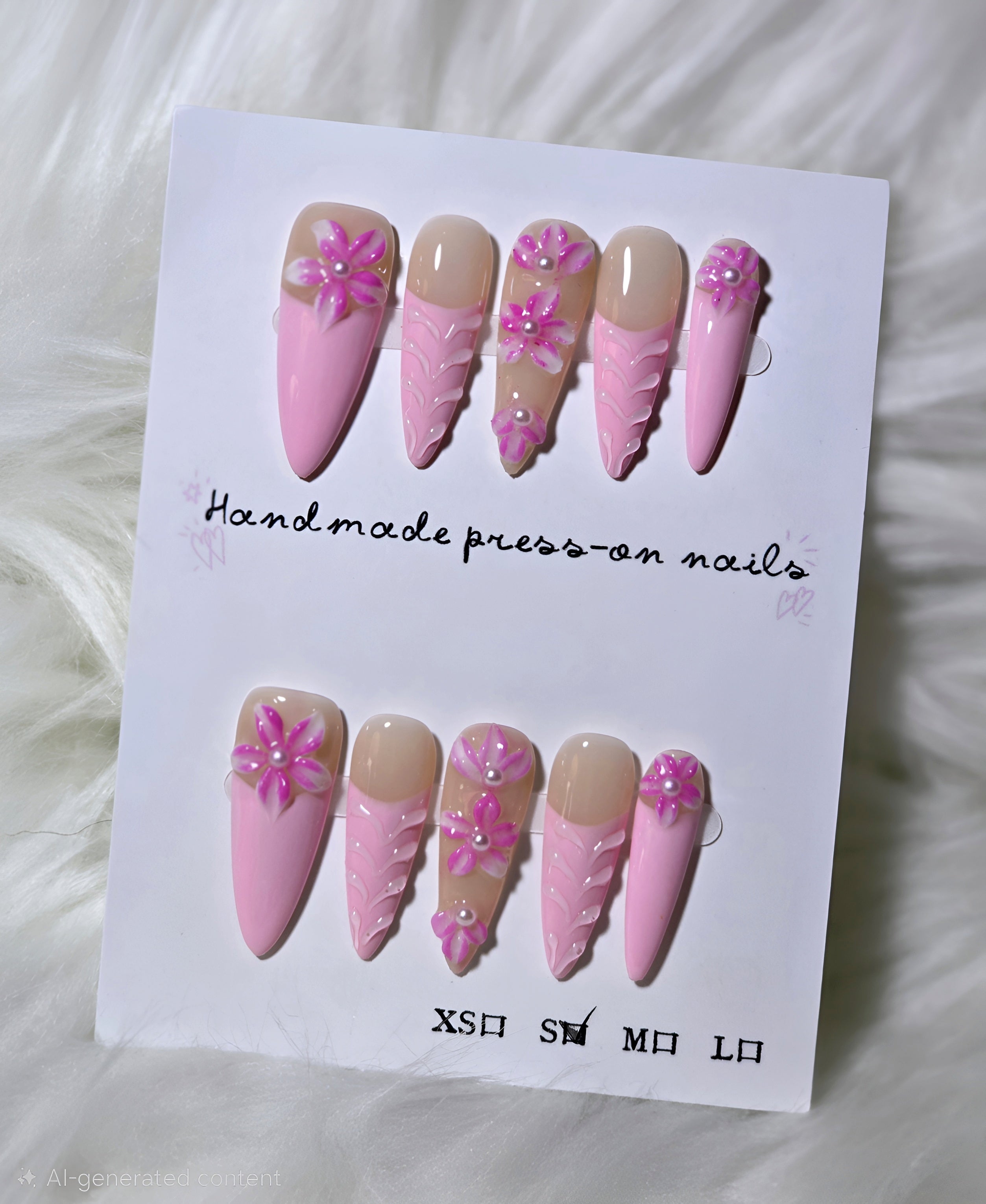 Pink Nude Ombre 3D Flower Rhinestone Nails