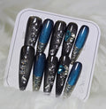 Black Teal Shimmer Silver Chain Crystal Nails