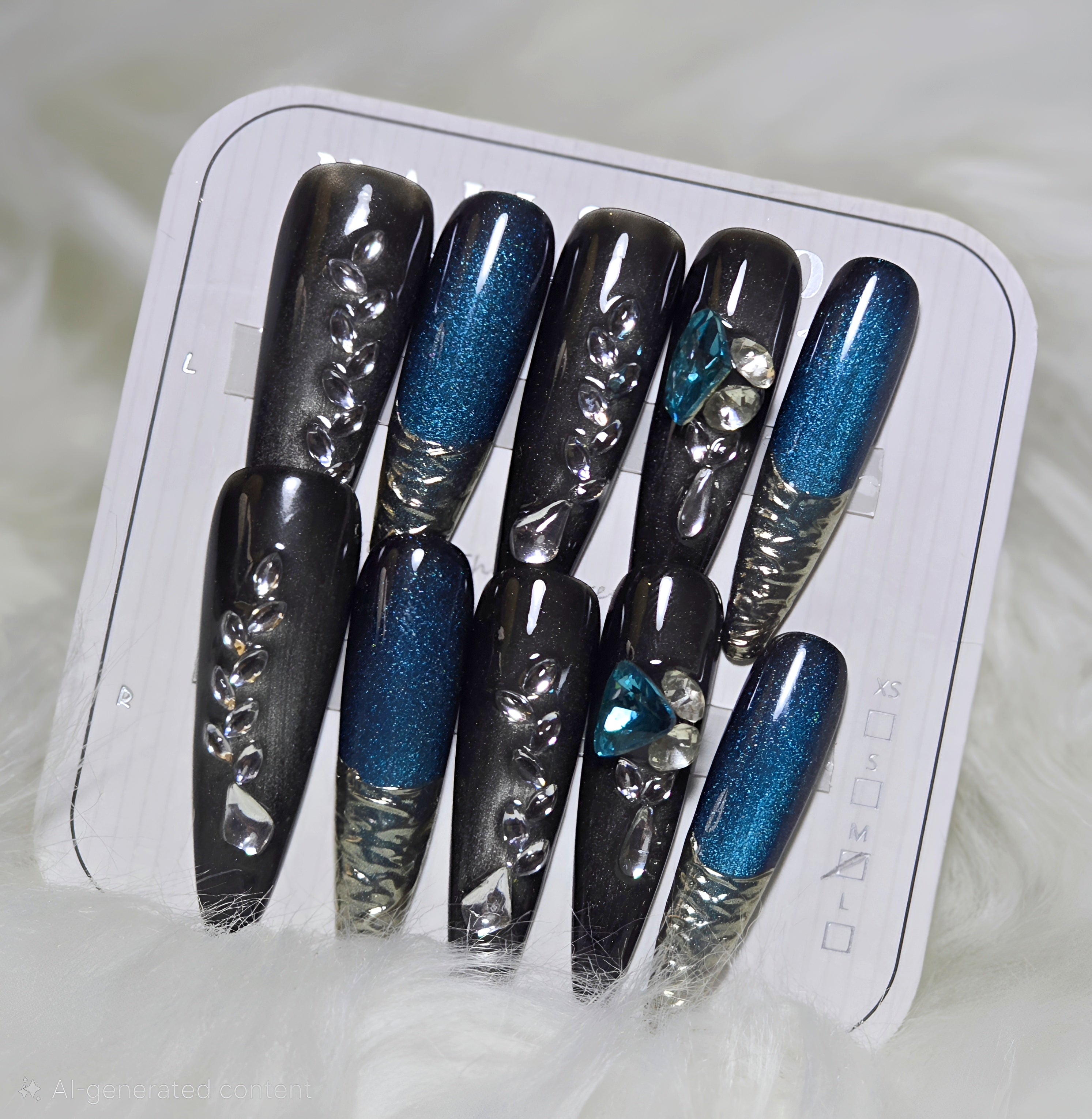 Black Teal Shimmer Silver Chain Crystal Nails