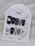 Black White Hello Kitty Silver Glitter Star Nails