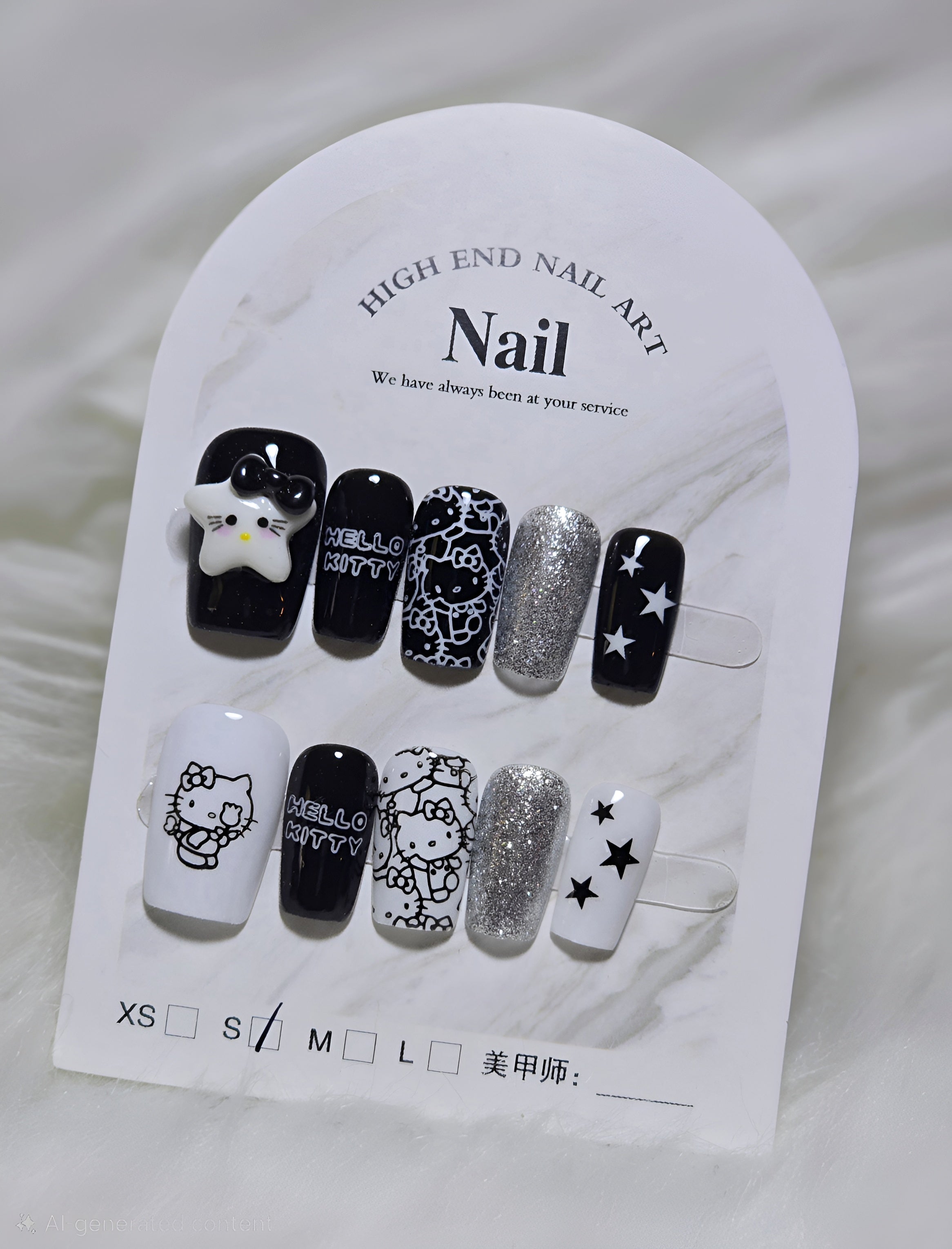Black White Hello Kitty Silver Glitter Star Nails