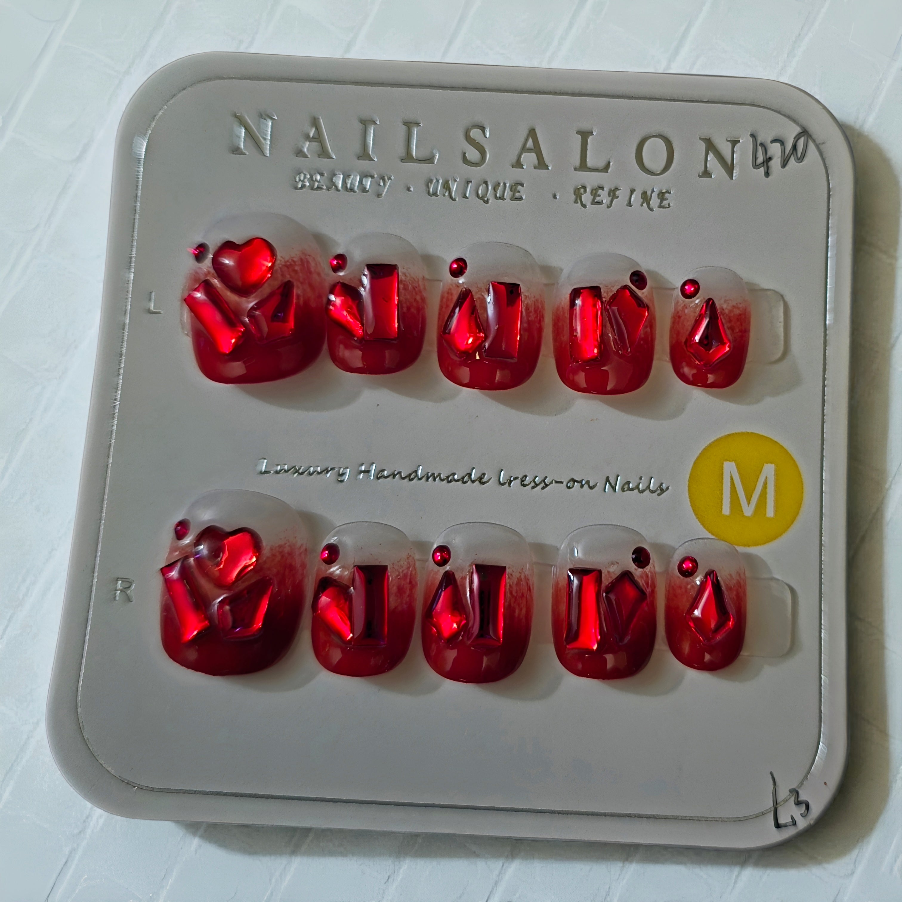 Red Chrome Glass Coffin Nails with Gemstones - Press On Nails