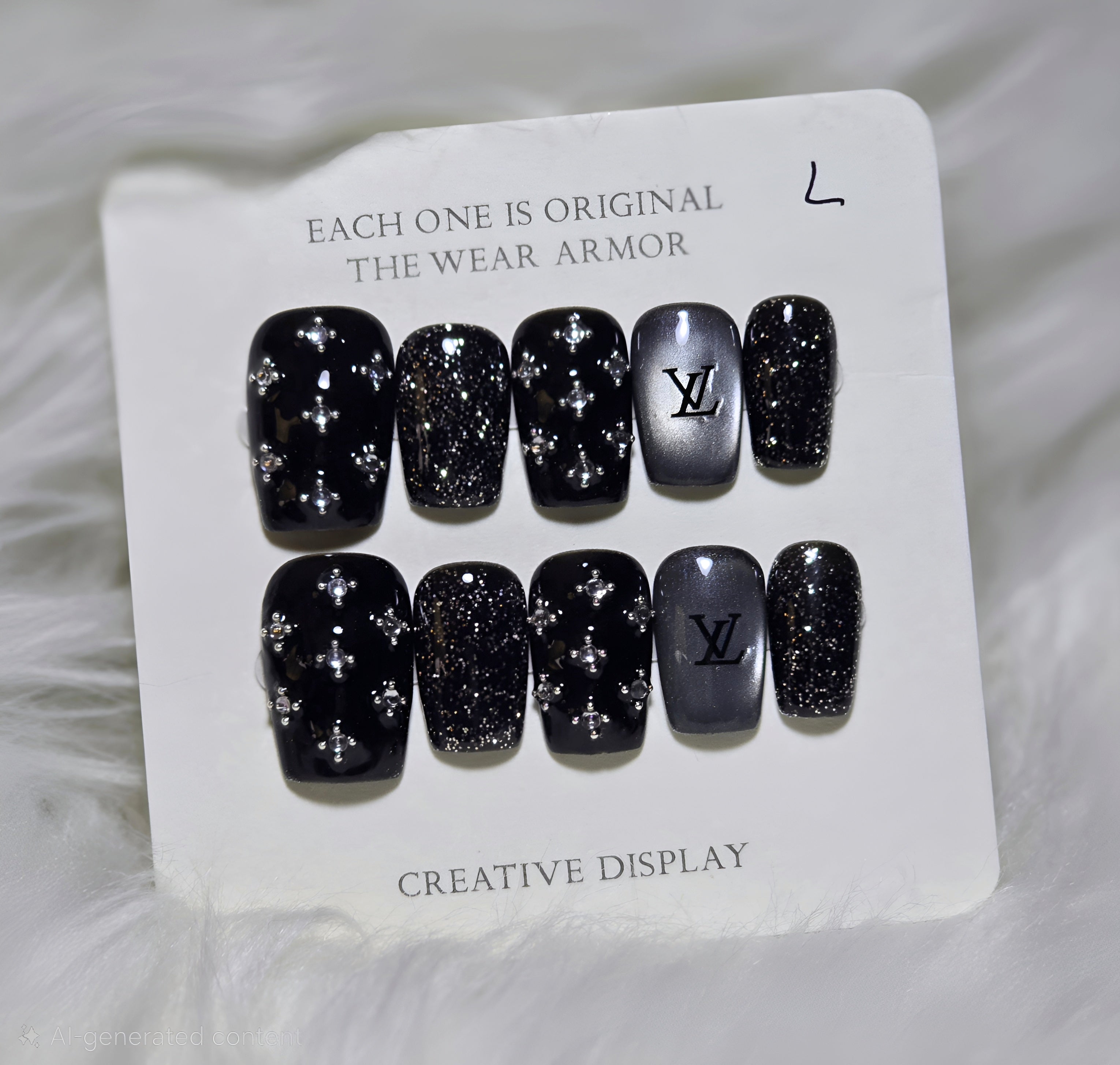 Black Grey Silver Glitter Cross LV Logo Nails