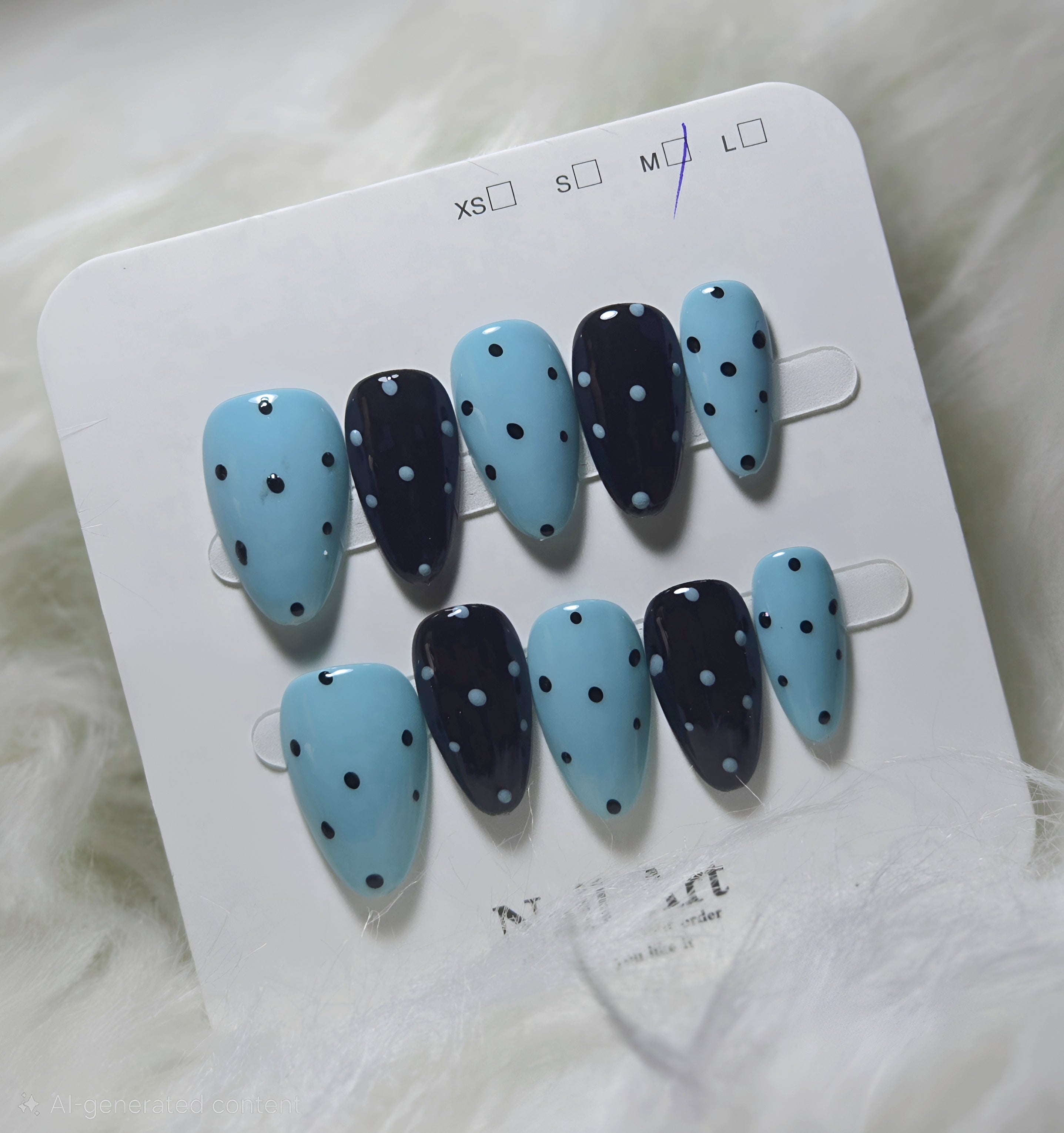 Blue Black Polka Dot Nails - Medium