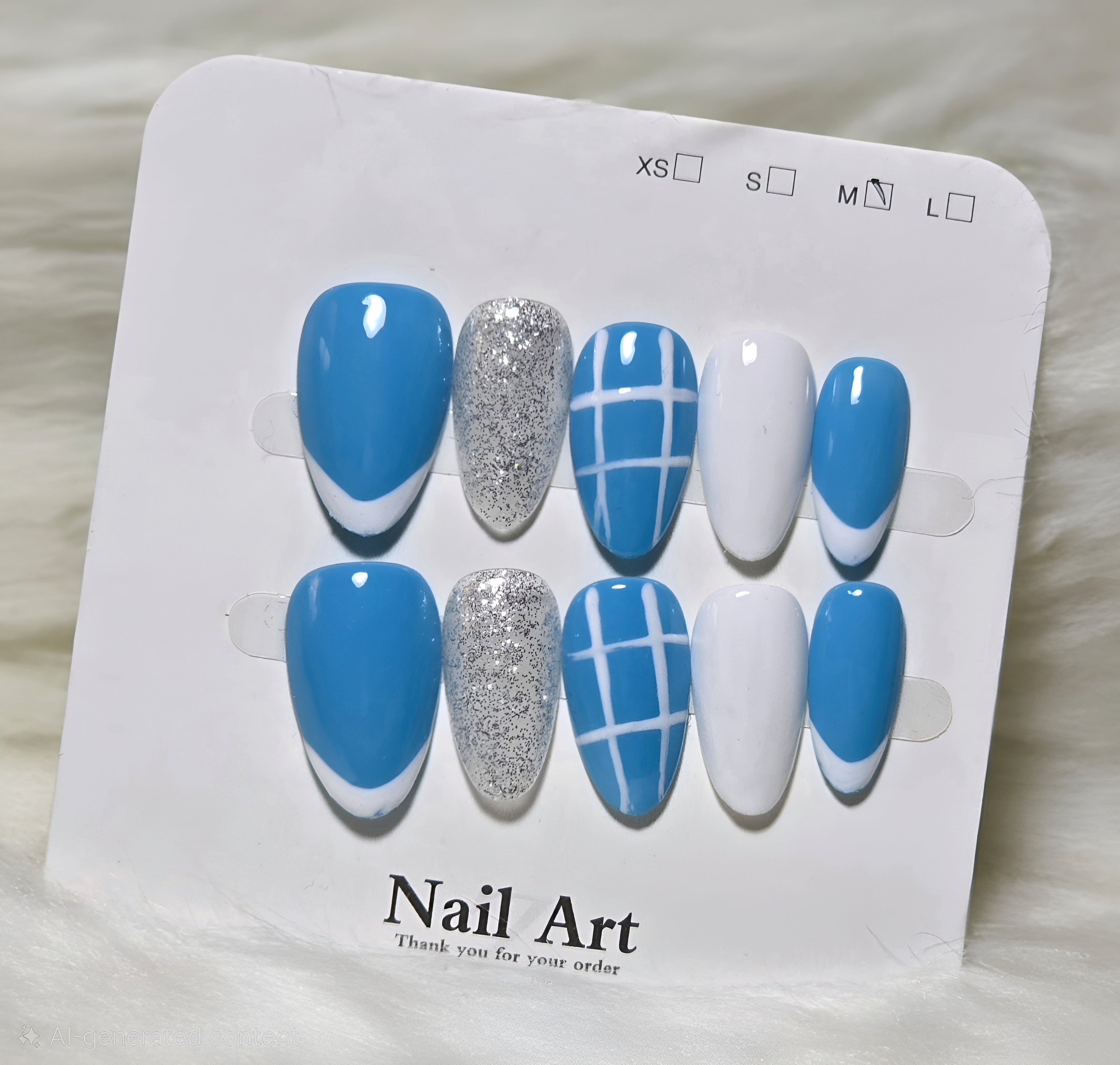 Blue Grid Glam Nails