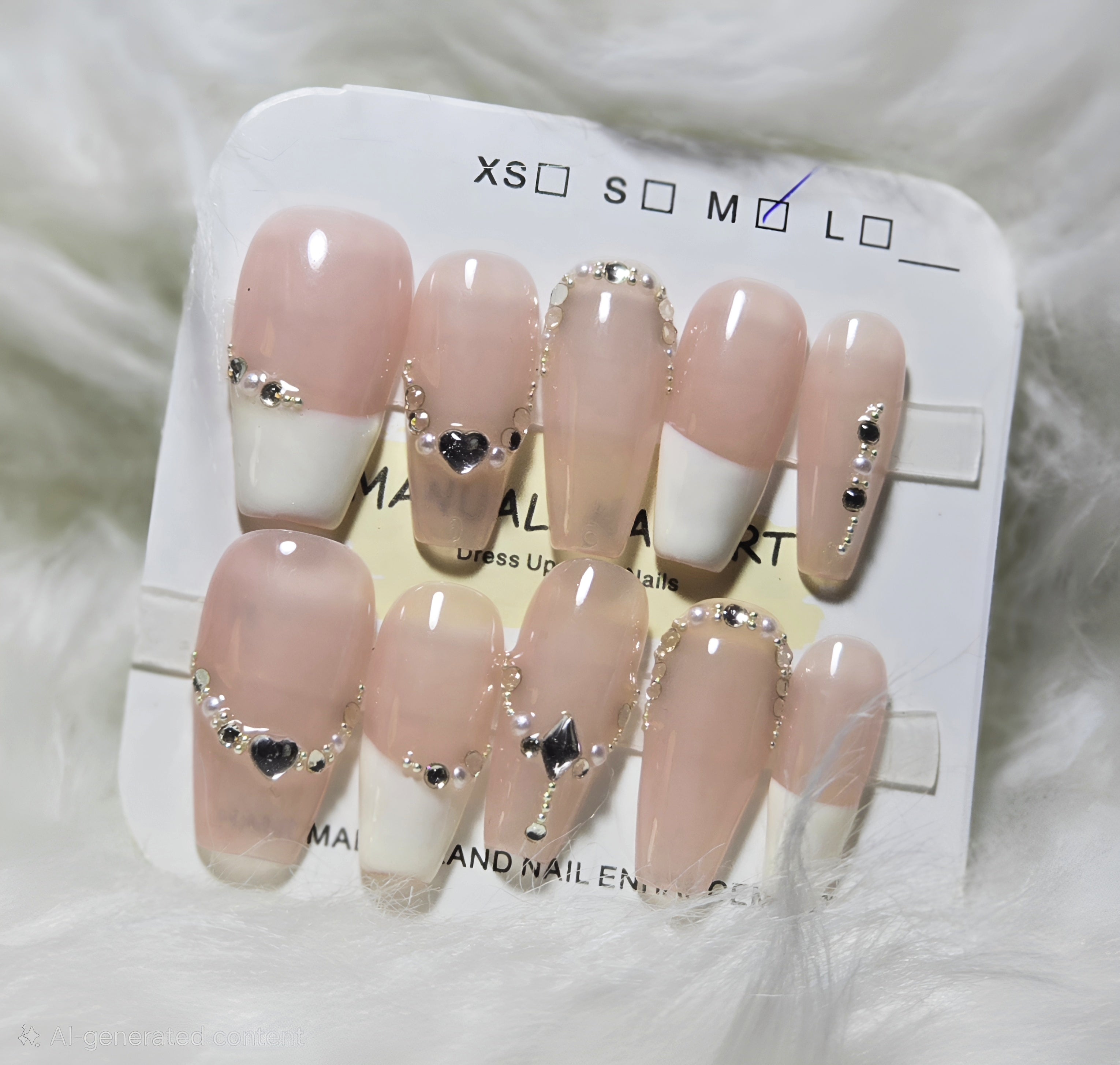 Nude French Pearl Chain Nails - Medium