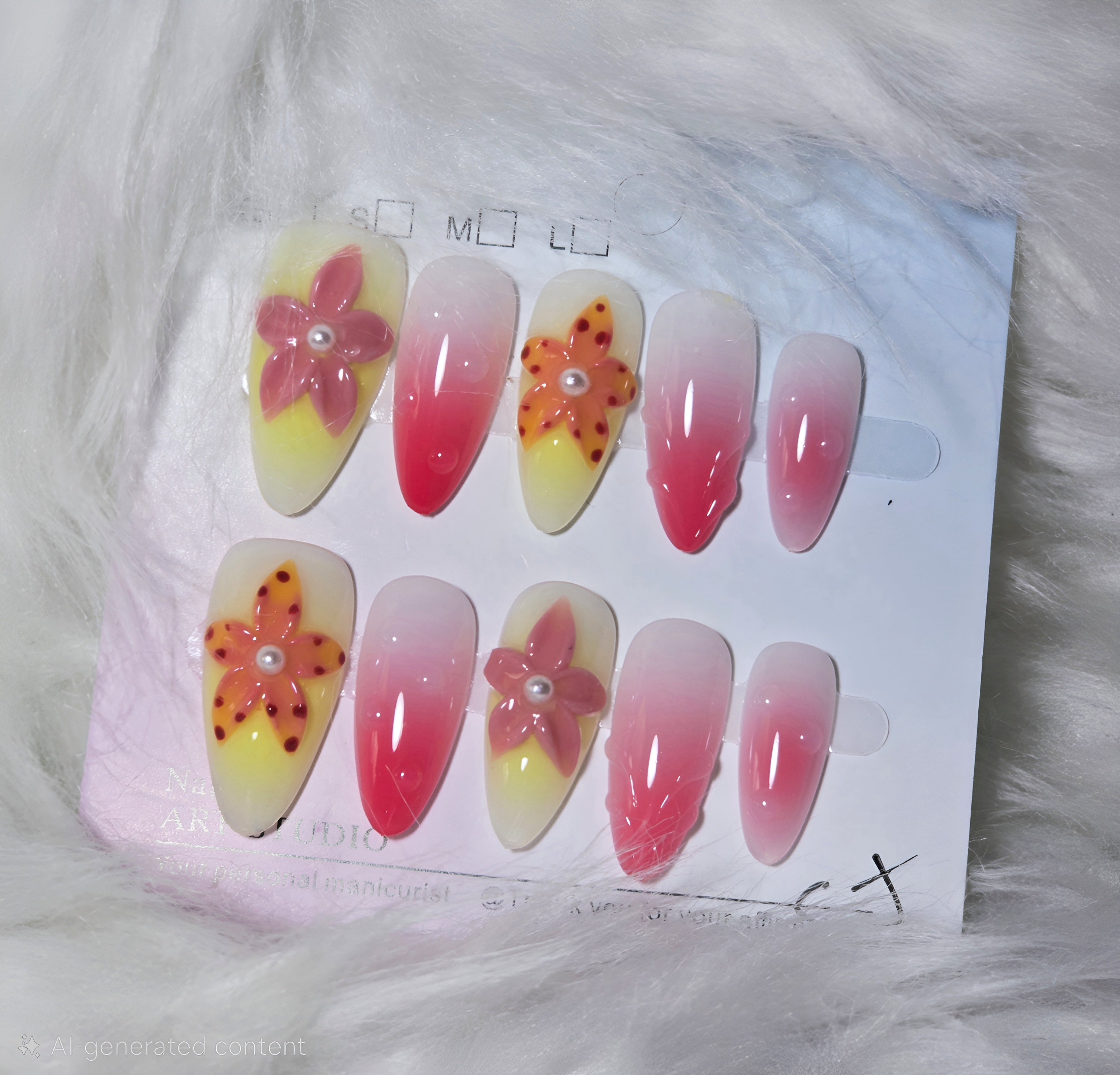 Pink Ombre Flower Pearl Nail Set - Sunset Bloom