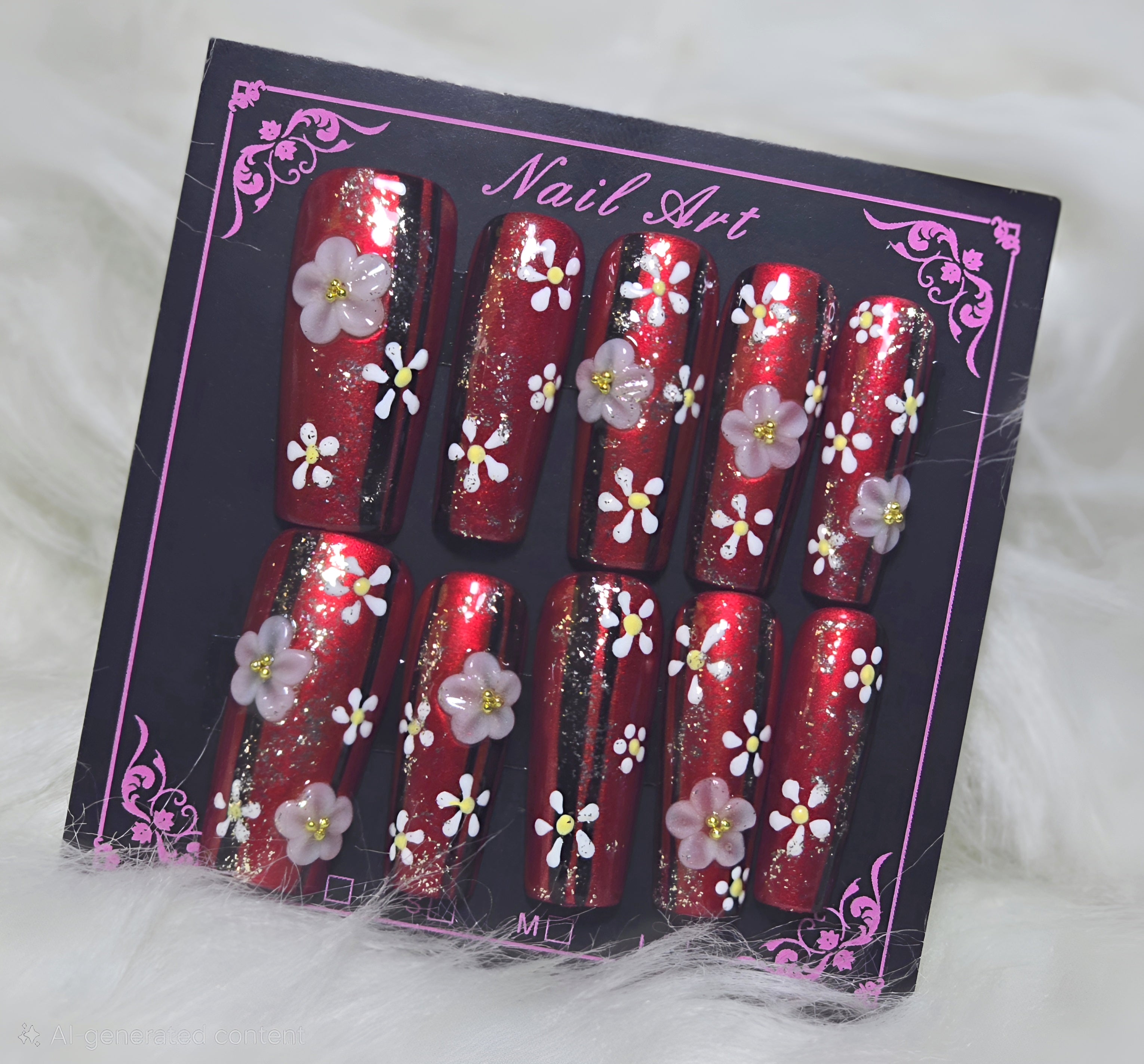 Burgundy Red Glitter Daisy Flower Nails