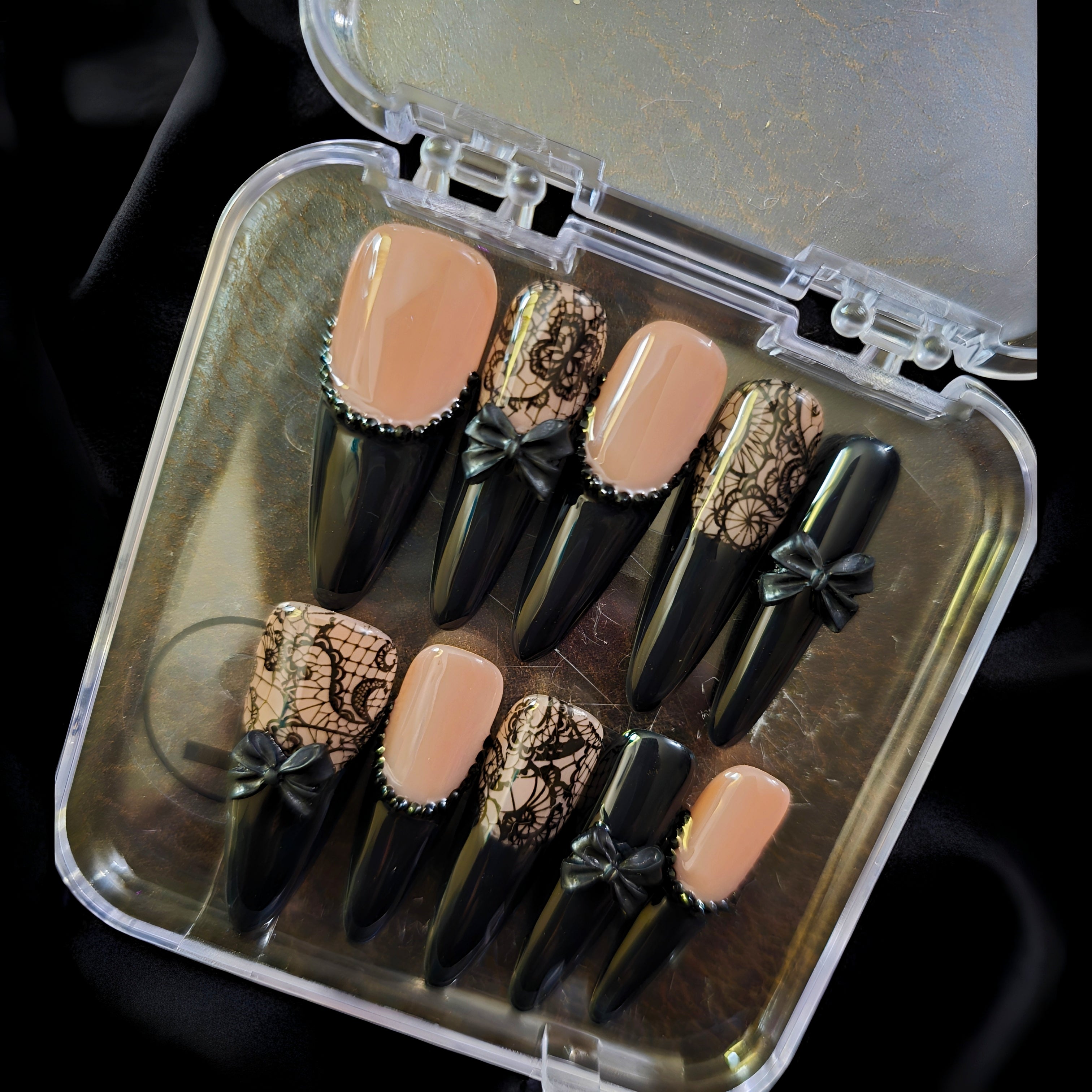 Coffin Nude with Black Lace & Bows - Press On Nails
