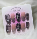 Grey Houndstooth Plaid Crystal Chain Nails - Small