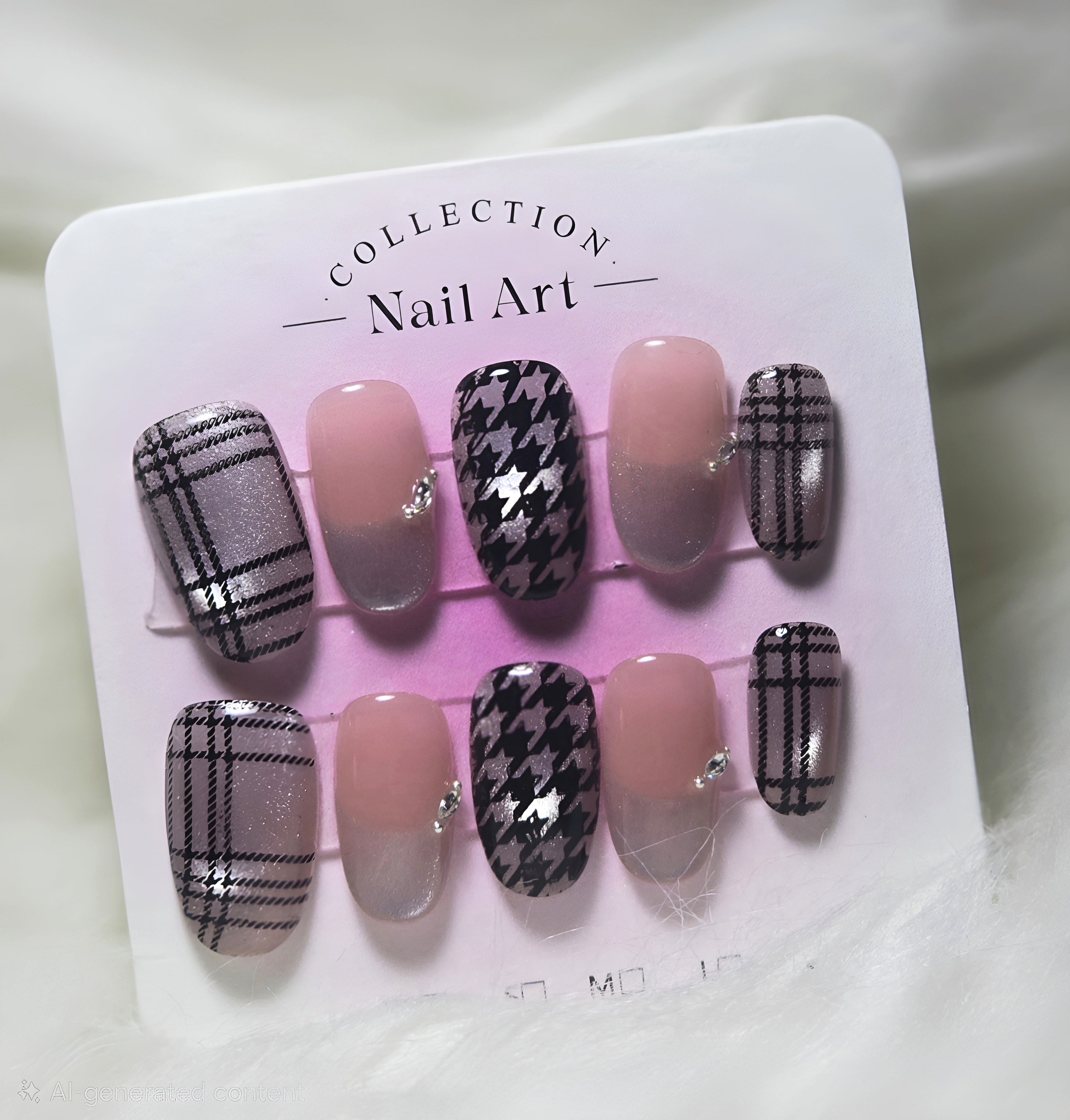 Grey Houndstooth Plaid Crystal Chain Nails - Small