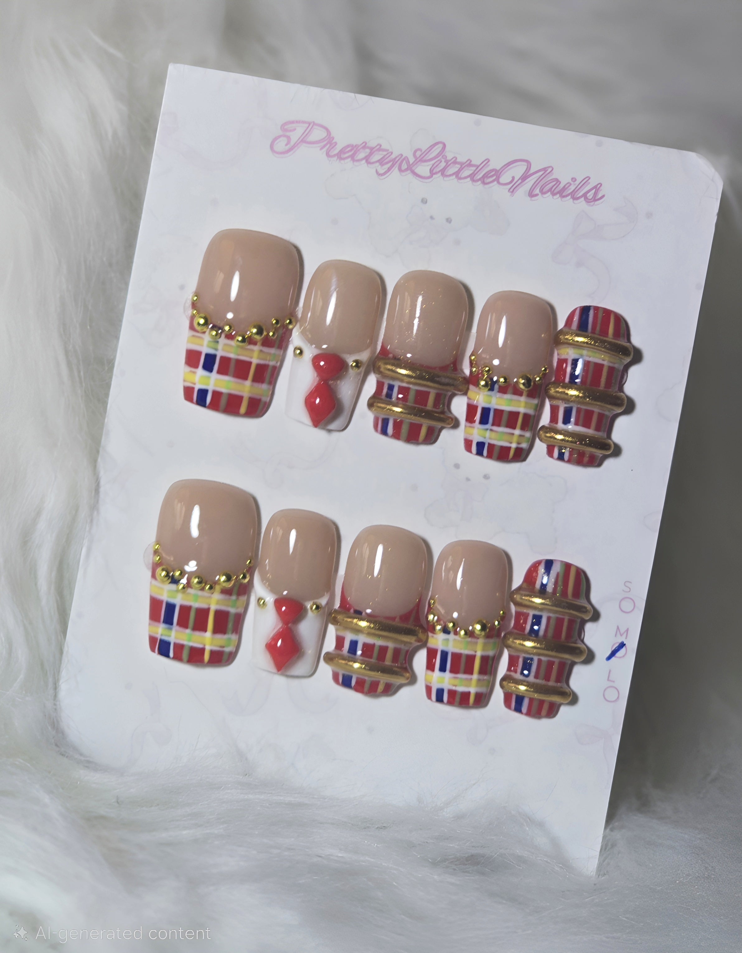 Nude Plaid Gold Chain Nail Set - Designer Plaid