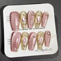 Pink Gold Chrome Coffin Nails with Rhinestones - Press On Nails