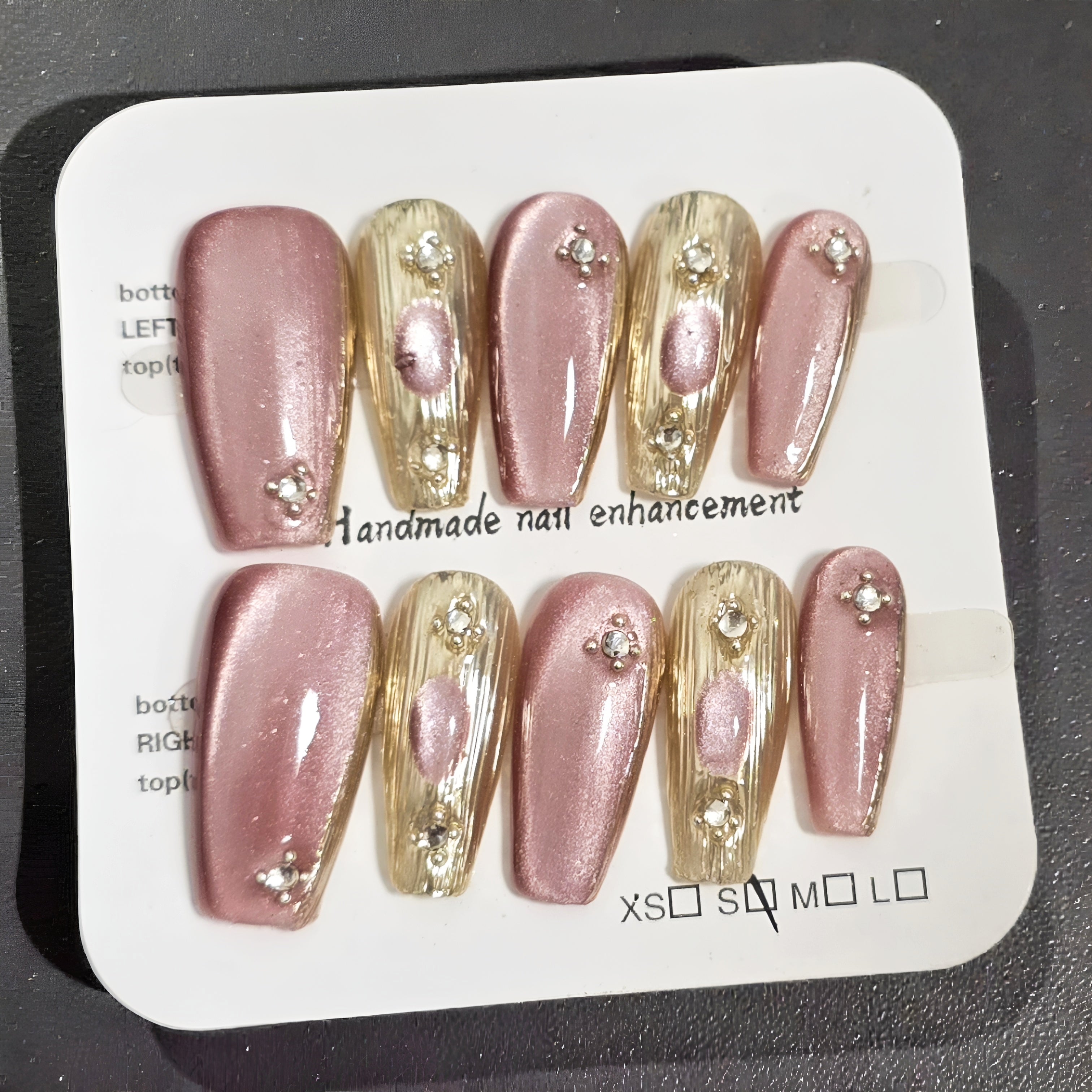 Pink Gold Chrome Coffin Nails with Rhinestones - Press On Nails