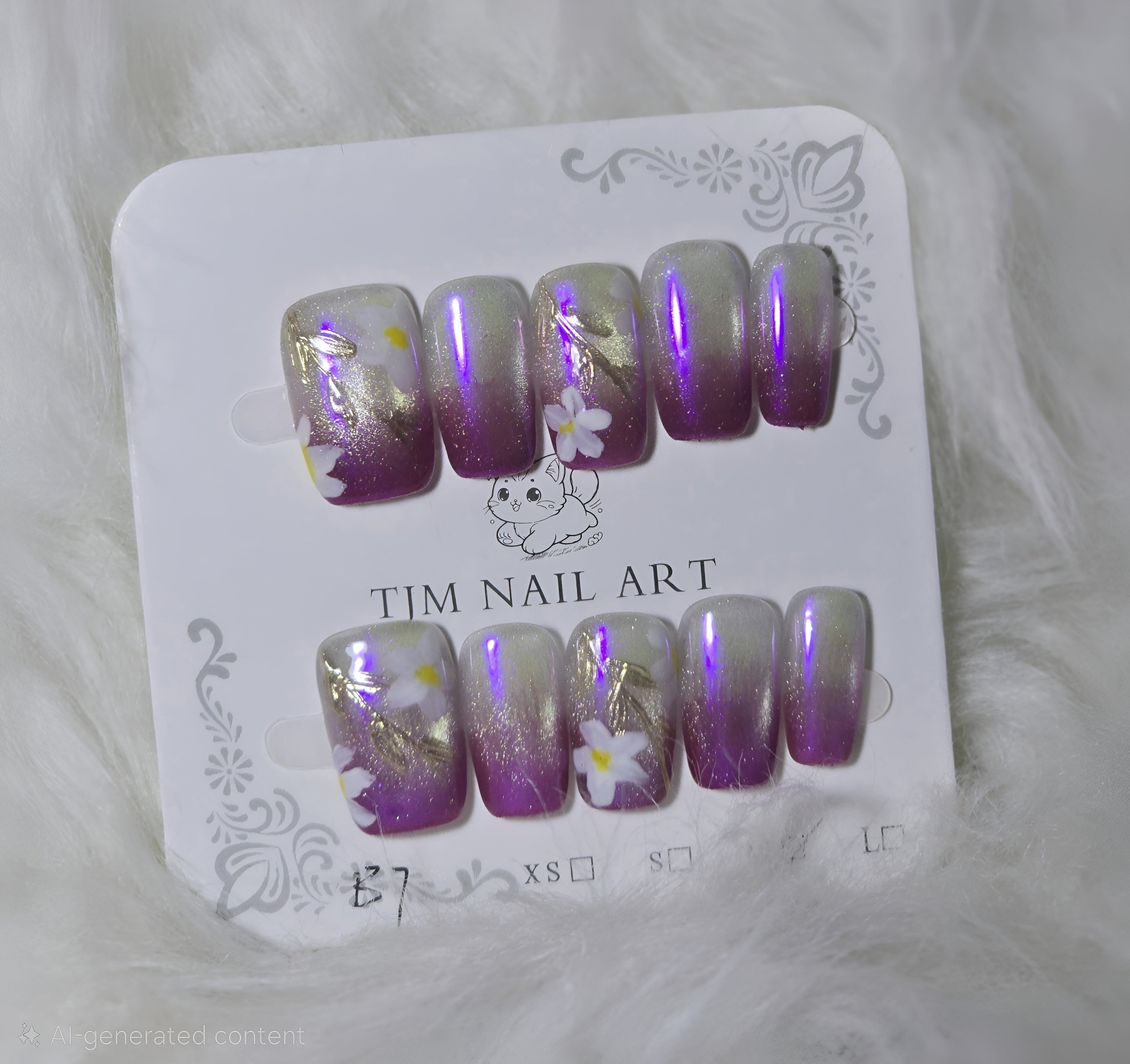 Grey Purple Ombre Gold Foil Flower Nail Set - Twilight Bloom