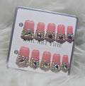 Pink Glossy Crystal Gem French Tip Nails