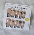 Nude Black French Tip Silver Glitter Crystal Heart Nail Set - Midnight Elegance
