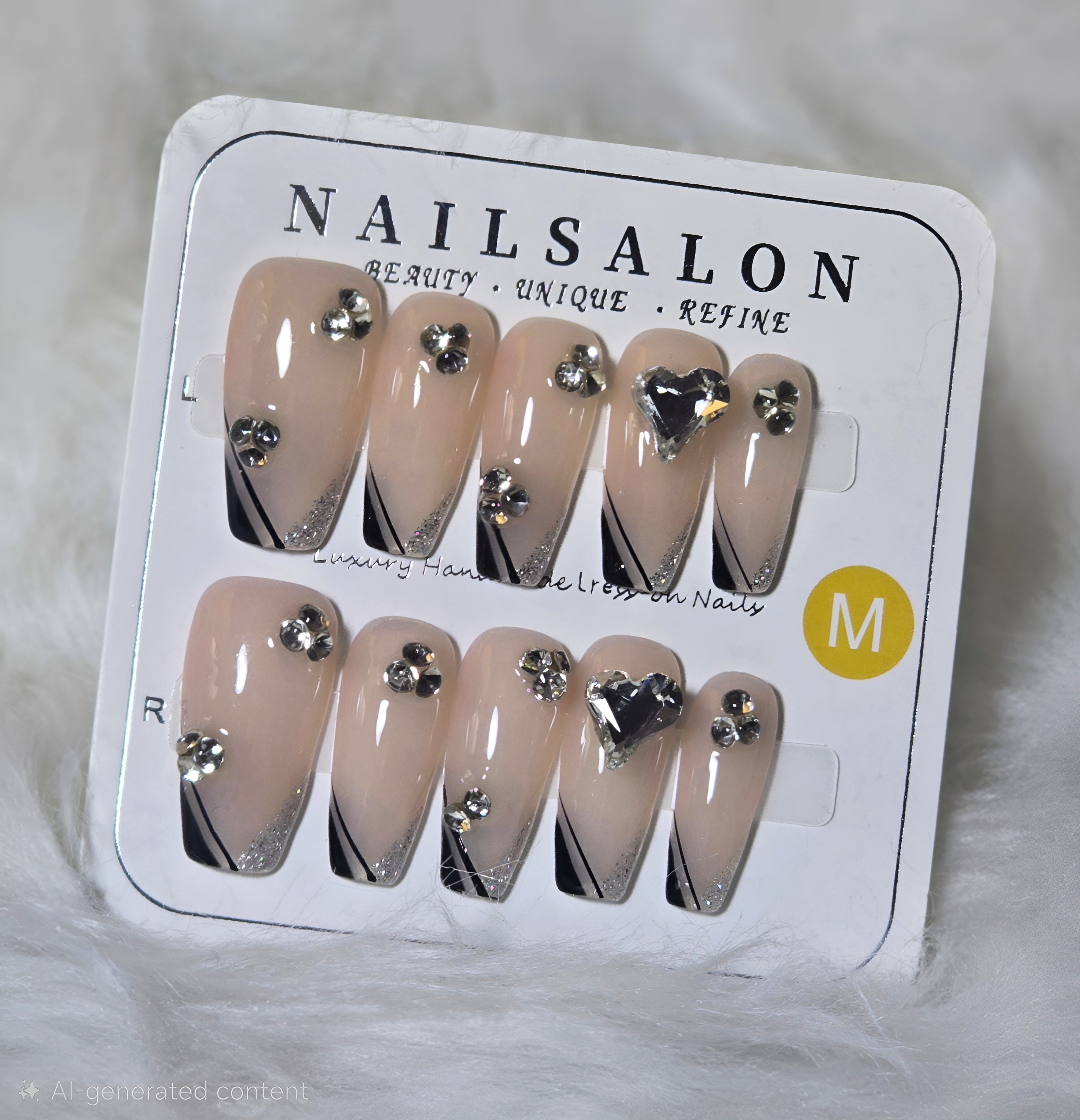 Nude Black French Tip Silver Glitter Crystal Heart Nail Set - Midnight Elegance