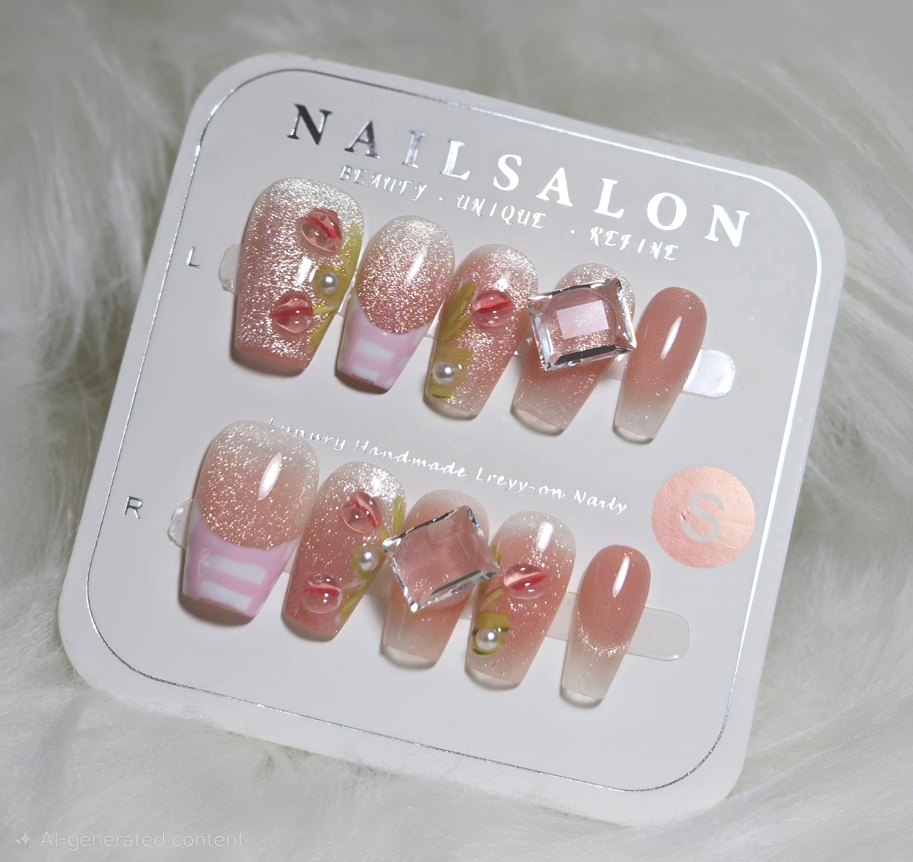 Rose Gold Glitter Cherry Crystal Nails - Small