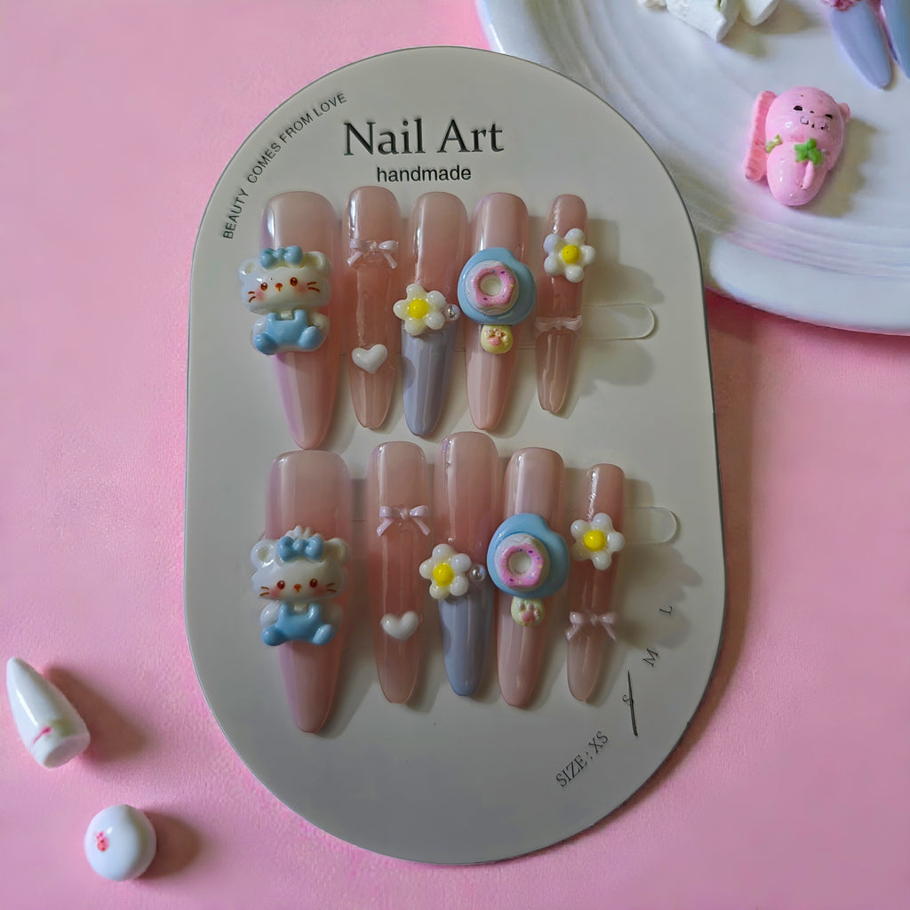Small Almond Press-On Nails - Kawaii Kitty Donut Daisy