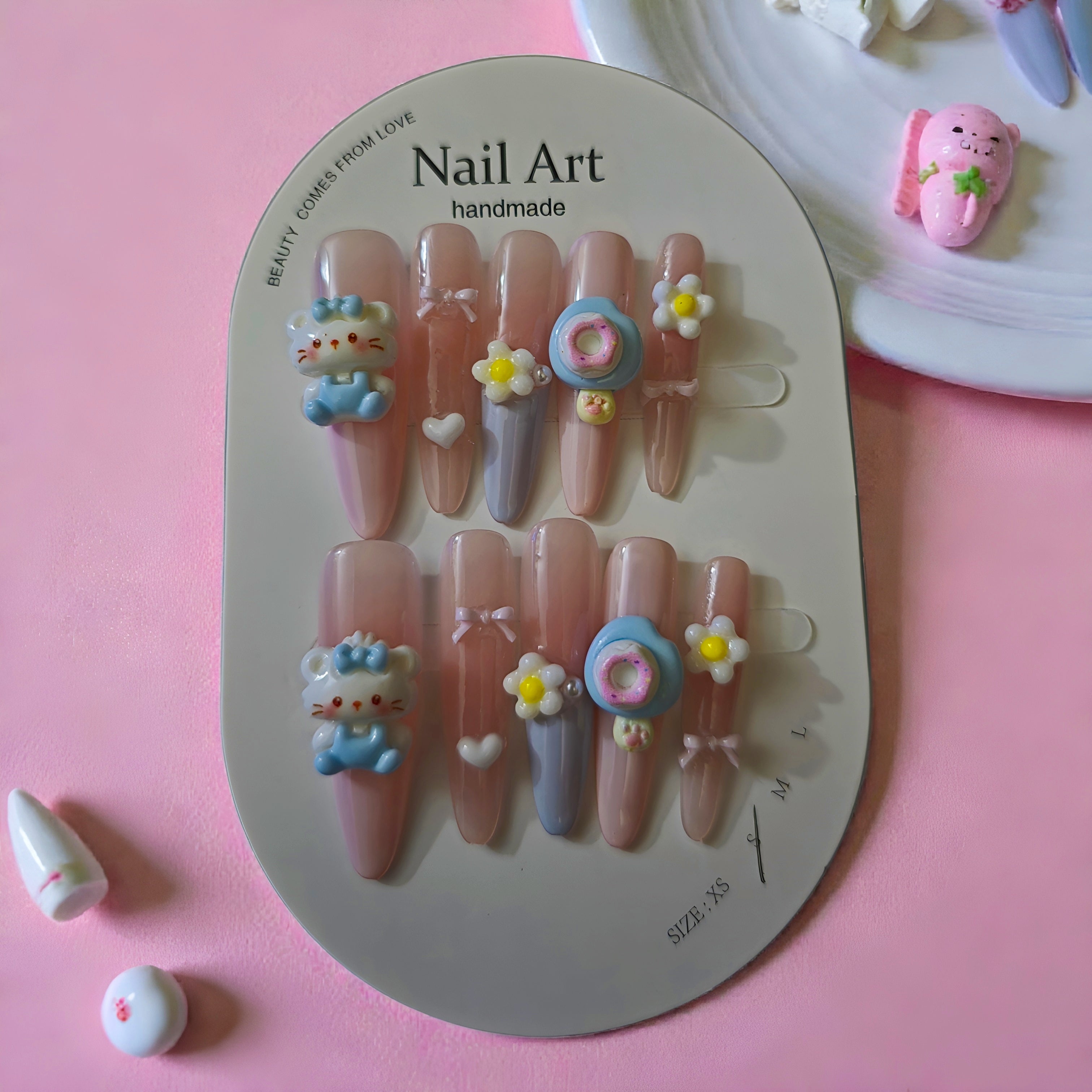Small Almond Press-On Nails - Kawaii Kitty Donut Daisy