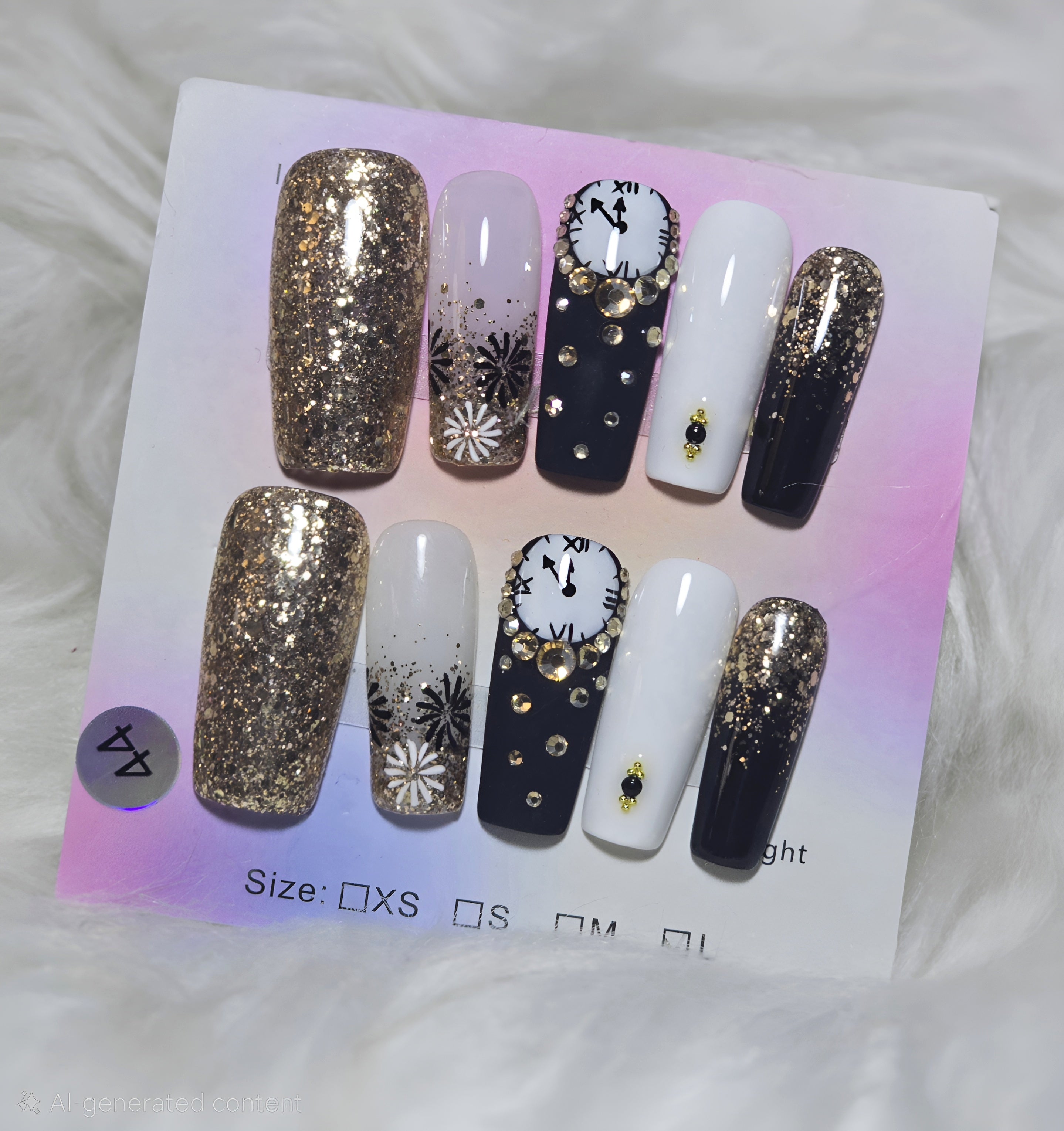 Gold Glitter Black White Clock Crystal Nails