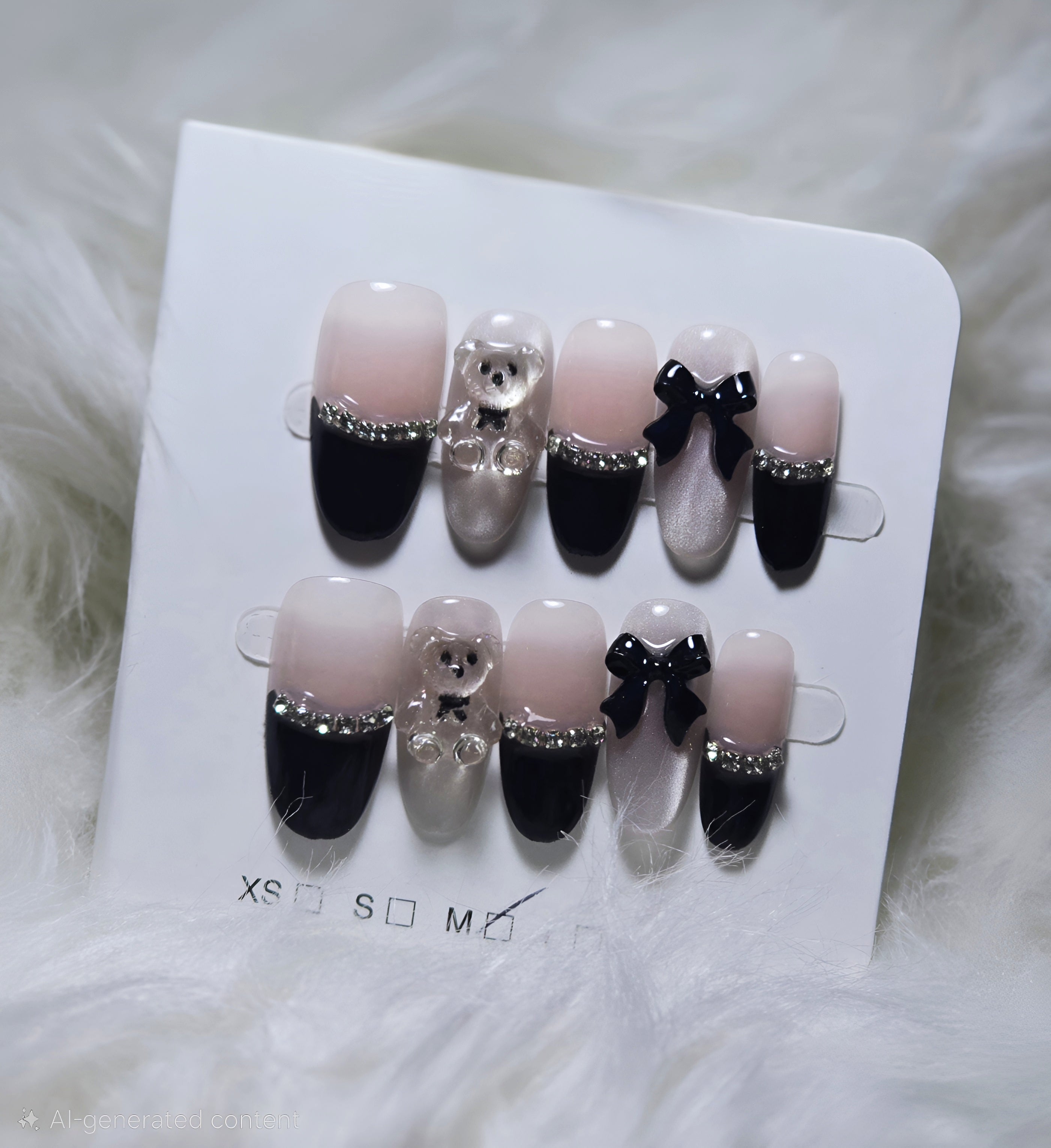 Black Nude Crystal Chain Bow Nails - Medium