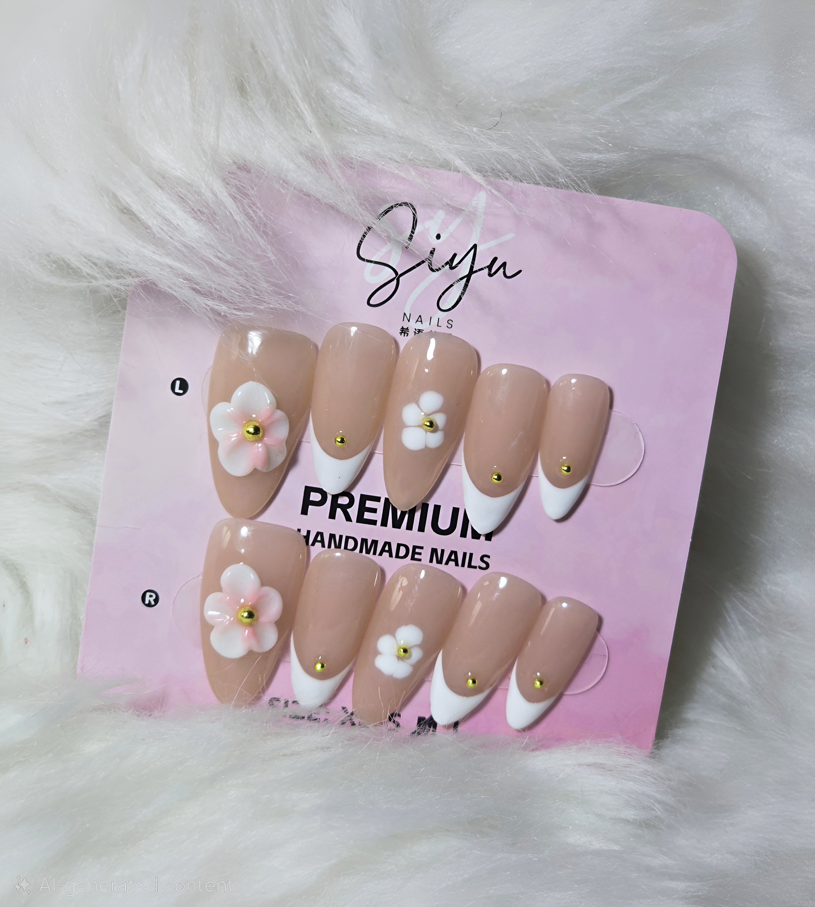 Nude White Flower Gold Nail Set - Pure Elegance
