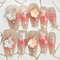 Pink Ombre Floral Coffin Nails with 3D Flowers - Press On Nails