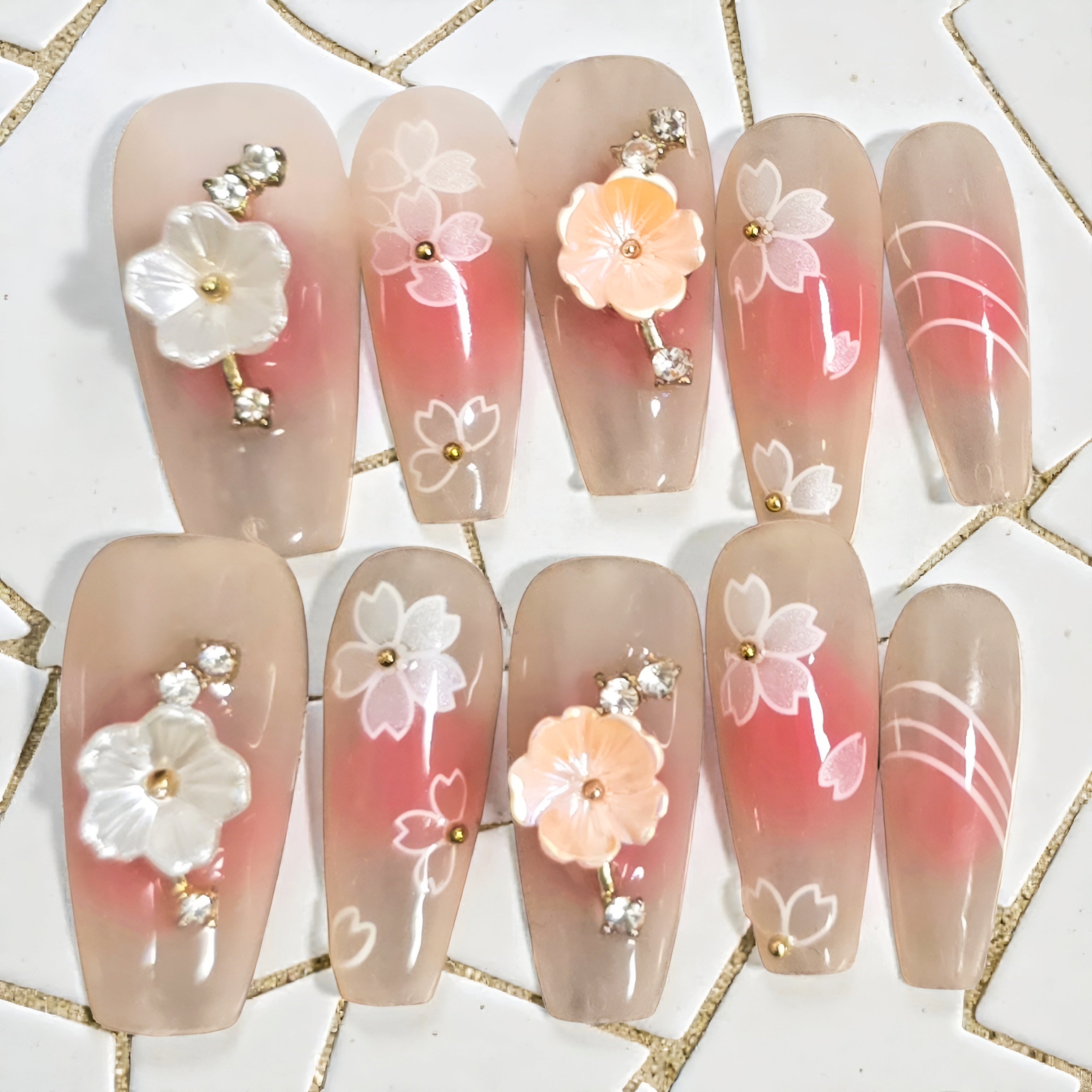 Pink Ombre Floral Coffin Nails with 3D Flowers - Press On Nails