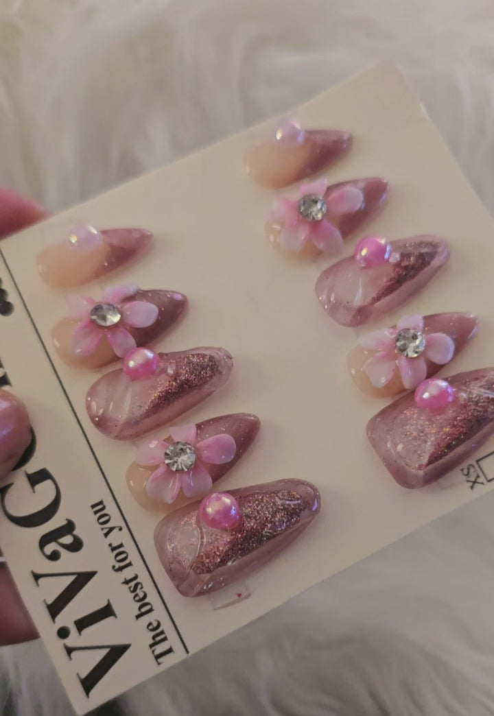 Burgundy Nude Ombre 3D Purple Flower Crystal Water Nail Set - Plum Garden