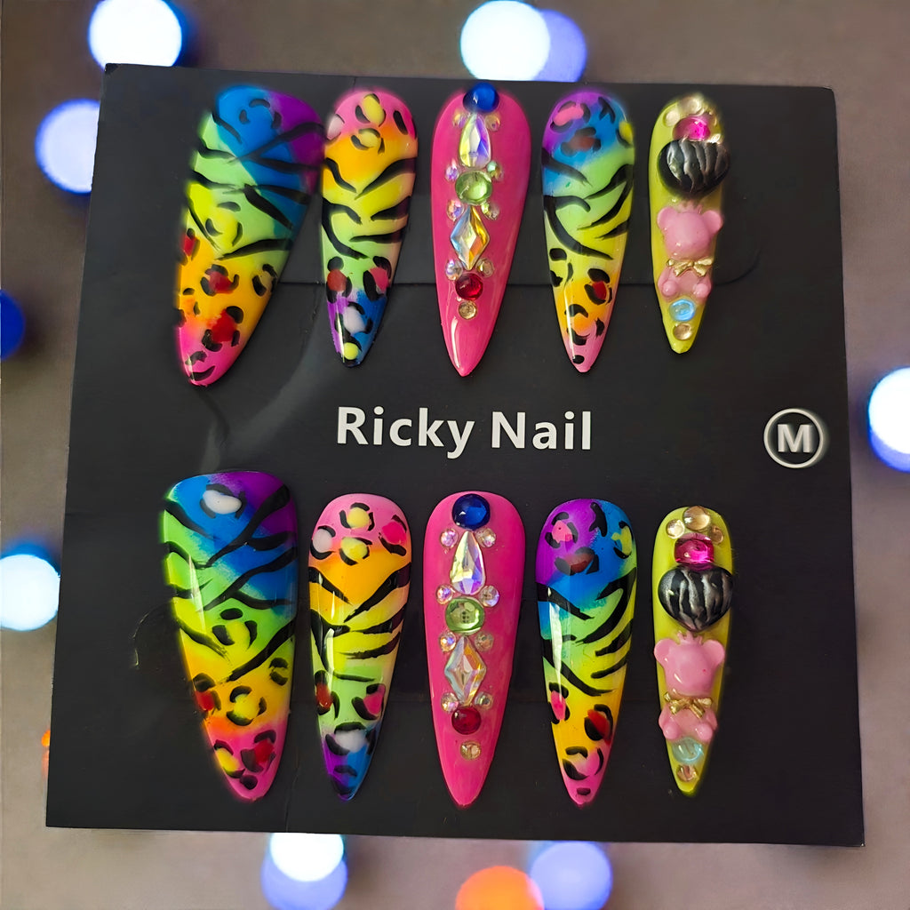 Ricky Brand Neon Rainbow Animal Print Stiletto - Press On Nails